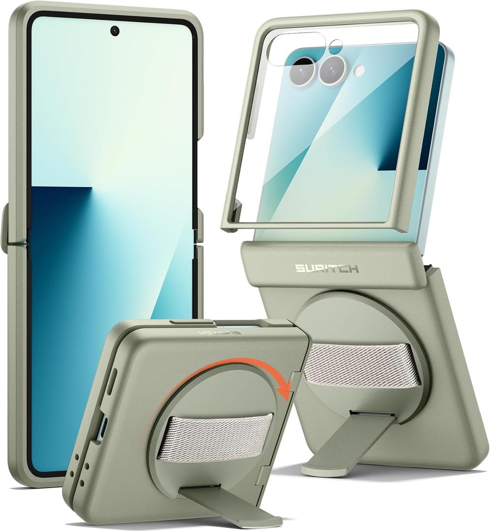 SURITCH for Samsung Galaxy Z Flip7 Case with 360 Rotatable Hand Strap Phone Grip Holder & Invisible Kickstand & Screen Protector, Protective Cover for Flip 7 -Green