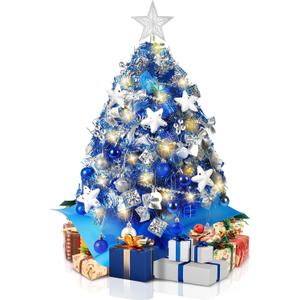 2FT Mini Christmas Tree, Blue Tabletop Christmas Tree, Prelit Small Christmas Trees with 60 LED Lights, 100 Lifelike Branches, 73 Ornaments, Artificial Xmas Tree for Home Indoor Decor