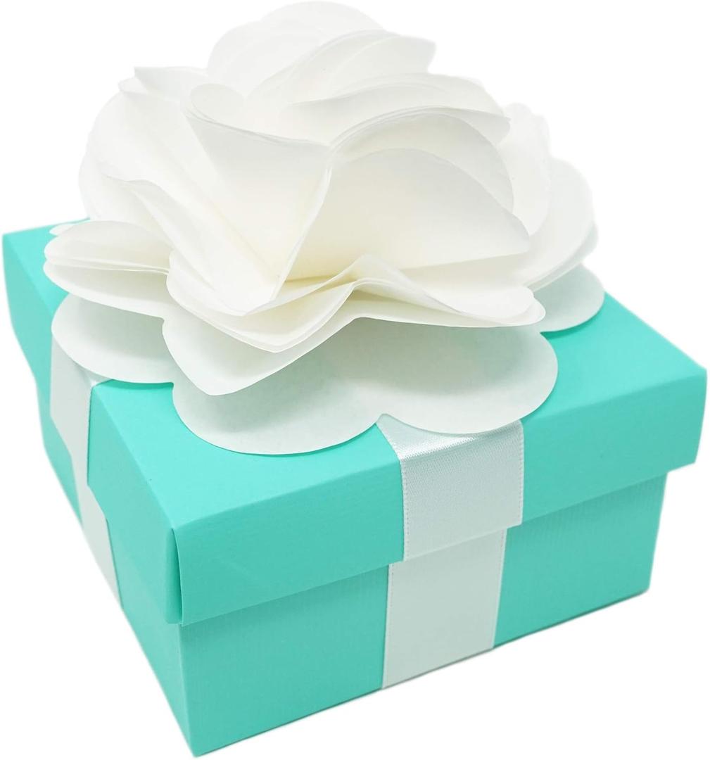Premium Favor Gift Box for Wedding, Bridal Shower, Birthday and All Events, 3.75" L x 3.75" W x 2" H Size, 10 Count Per Pack (1-Pack, Robin Egg Blue) - Includes White Satin Ribbons & Paper Flower for Each Box