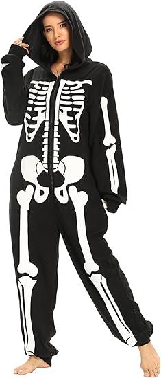 Kofero Skeleton Costume Women Adult Halloween Costume Plus Size Cozy Jumpsuit Pajamas Onesie for Girl Cosplay Party Black 2XL