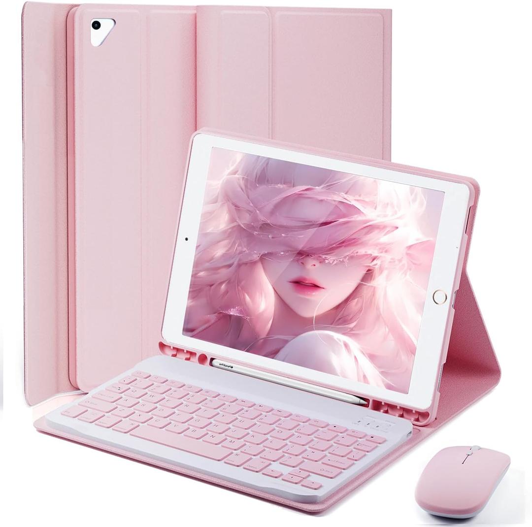 Keyboard Case for iPad 9.7 inch, iPad 6th Generation (2018), iPad 5th Gen (2017), iPad Air 2 (2014), - Mouse and Detachable Keyboard for iPad Pro 9.7, Slim Case with Pen Holder, Auto Sleep/Wake-Pink