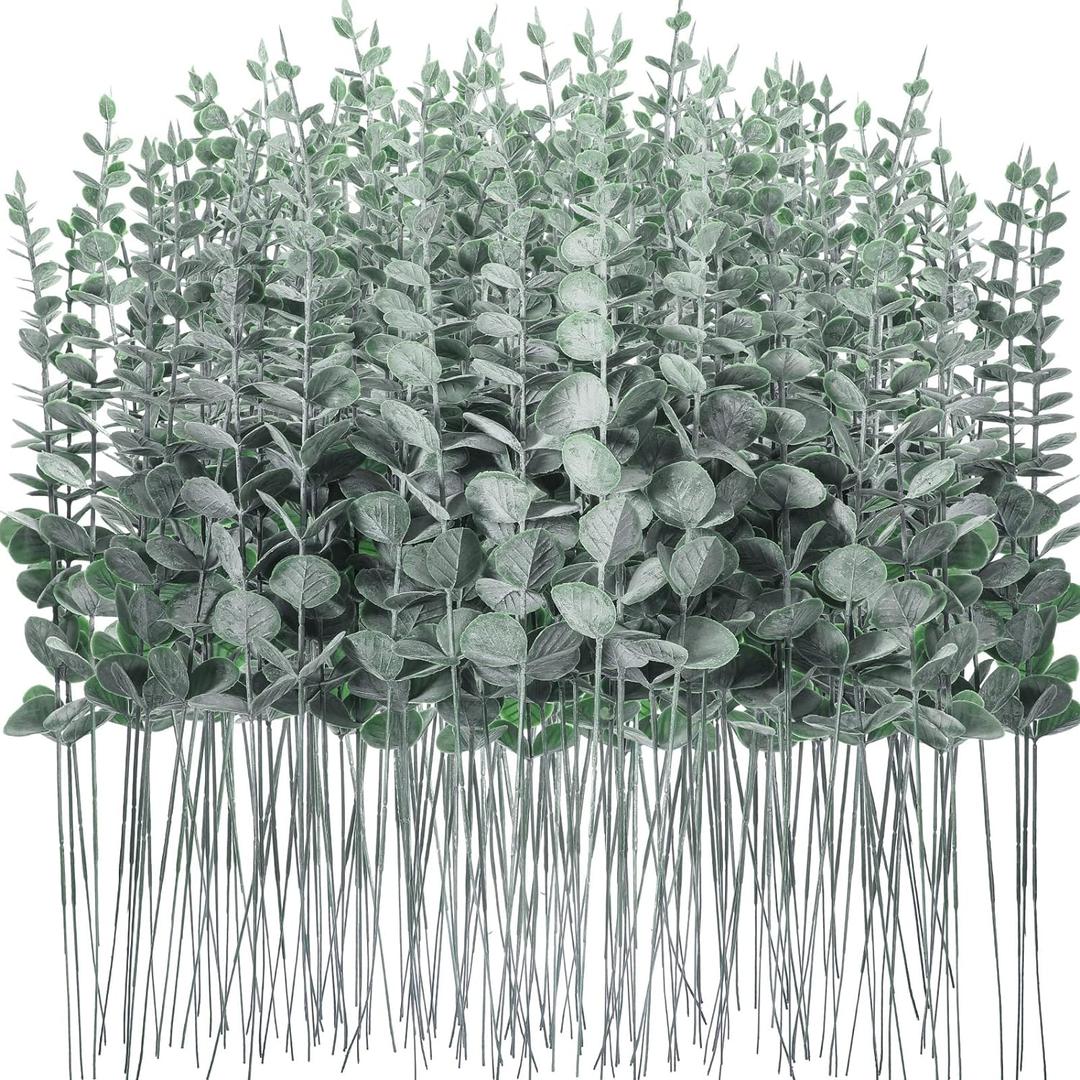 Canlierr 200 Pcs Eucalyptus Stems Faux Greenery Artificial Eucalyptus Leaves Decor Greenery Stems Branch for Wedding Centerpiece Flower Bouquet Farmhouse Home (Dark Green)