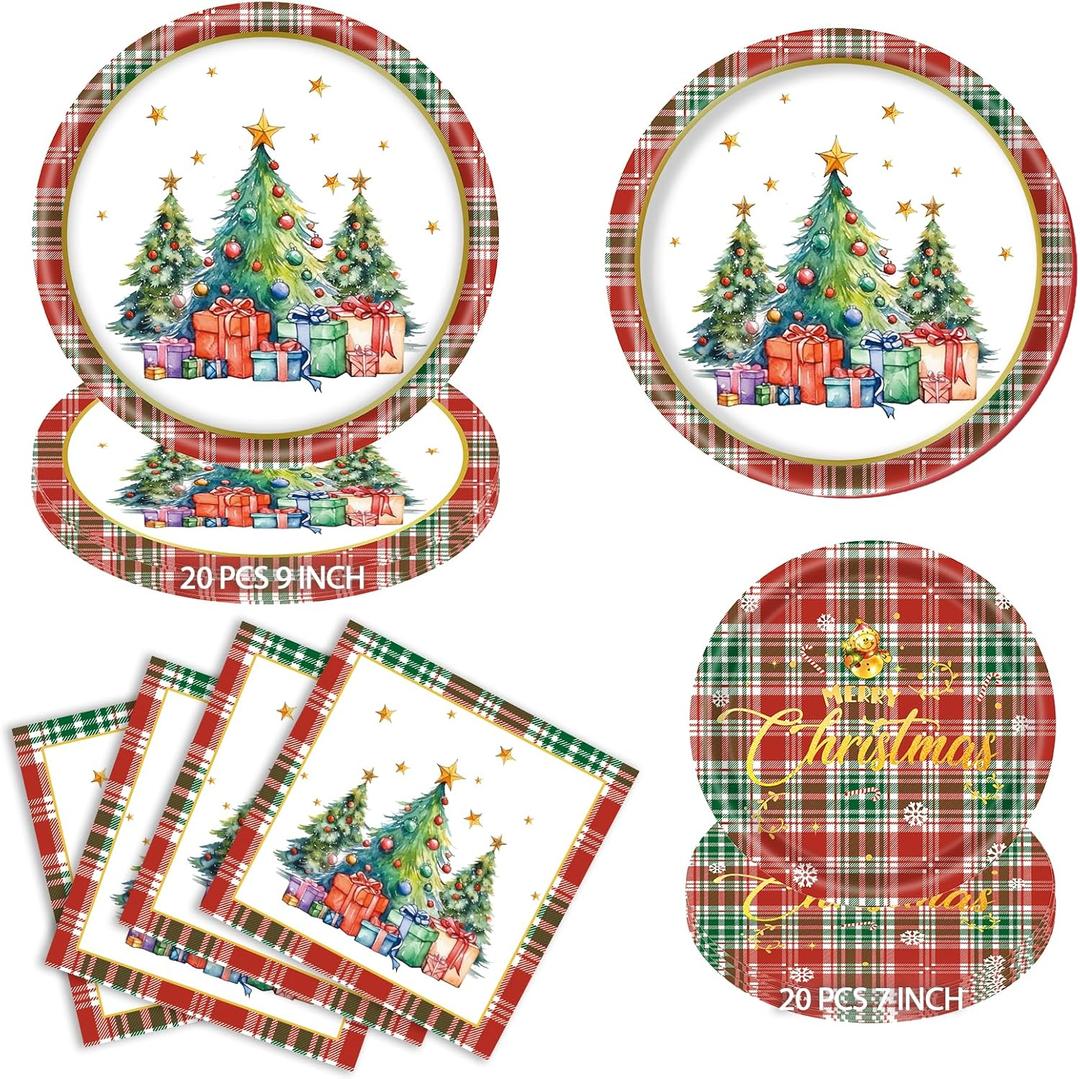 60Pcs Christmas Tree Plaid Party Supplies  9 Inch & 7 Inch Paper Plates and Napkins, Red Green Plaid with Christmas Tree, Gift & Golden Star Design for Holiday, Dinner, Winter Party, Serve 20 (Twinkling Christmas Wishes)