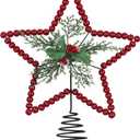 Gejoy Christmas Beaded Star Tree Topper Farmhouse Rustic Decoration with Berries Pine Cones Neutral Christmas Star Topper for Tree Decorations(Berry, Red)