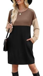 WIHOLL Black Dresses for Women Long Sleeve Casual Flowy Fall Dresses with Pockets Elegant Cute Tshirt Short Mini Dress Teacher Outfits Color Block S