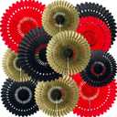 12Pcs Black Gold Red Party Decorations Paper Fans Hanging Honeycomb Paper Fan for Autumn Wedding Birthday Parties Baby Shower Christmas Wall Backdrop Decor
