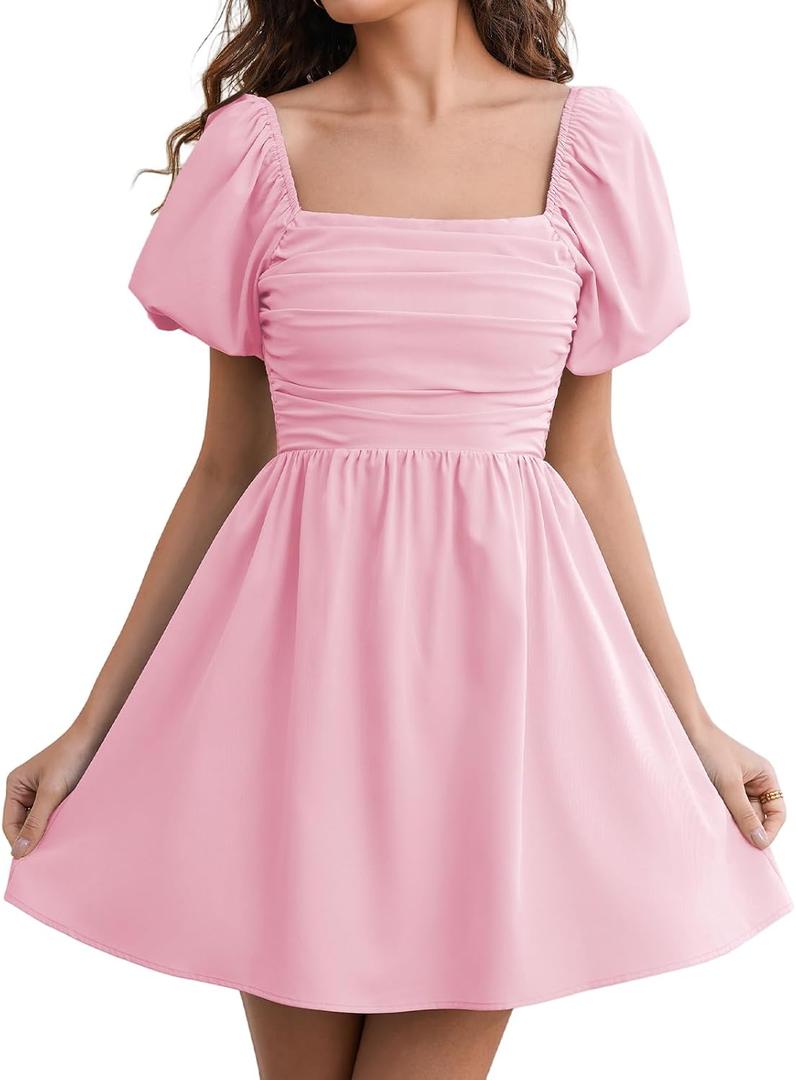 Women Puff Sleeve Graduation Short Dress Square Neck A Line Casual Sundress Beach Wedding Guest Mini Dress (Pink, S)