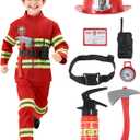 Fireman Costume for Kids with Toys Accessories, Boys Firefighter Birthday Halloween Party Dress Up Role Play (3-4 Y / Small, Red)