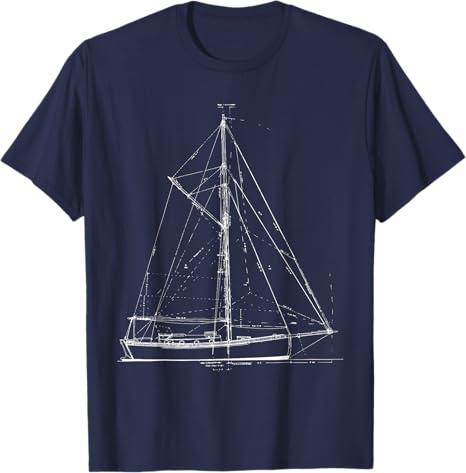 Vintage Retro Sailboat Blueprint T-Shirt M