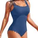Charmo Womens Scalloped Ribbed One Piece Swimsuits Retro Square Neck Modest Bathing Suits (Medium, Blue)