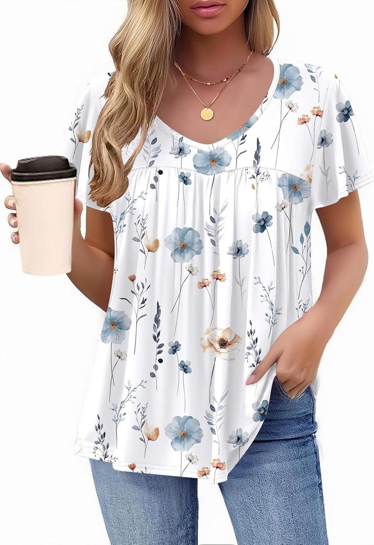 HOTOUCH Womens Short Sleeve Tunic Tops V Neck Loose Fit Ruffle Sleeve Shirts Summer Floral Dressy Casual Boho Blouses (X-Large, White)
