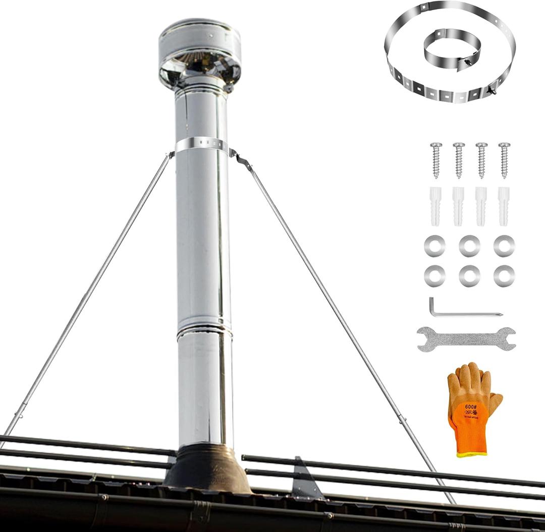 Extended Chimney Roof Bracket Stainless Steel 6"-15" Chimney Stove Pipe Bracket Support Kit for Stability, Adjustable Legs, Against Wind & Snow (Silver)