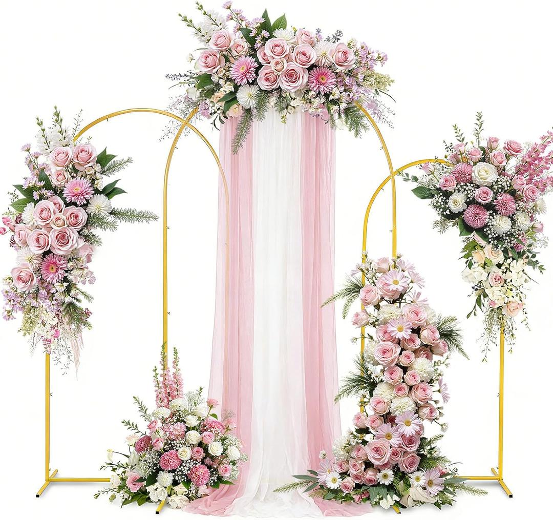 Gold Metal Arch Backdrop Stand Set for Weddings, 3 Sizes (4FT, 3.3FT, 2.6FT), Flower Display Frame for Events and Parties, 4 feet x 7.2 feet