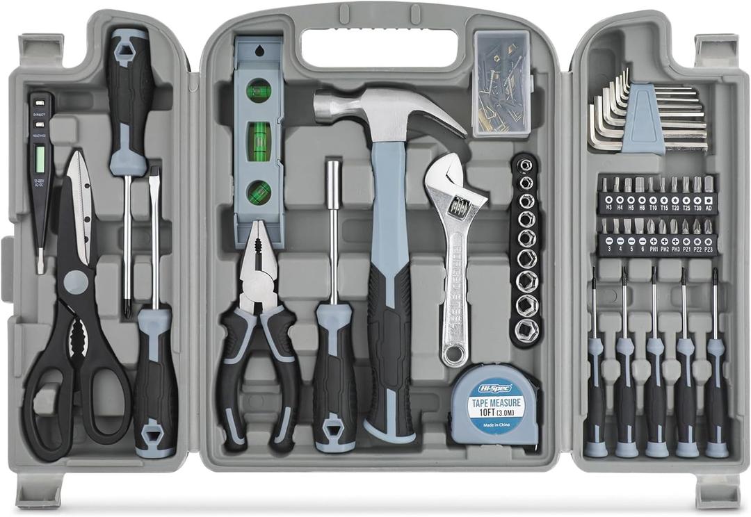Hi-Spec 54pc General Household Tool Set  Home & Garage Hand Tool Kit with Toolbox Storage Case for DIY, Basic Repairs, Apartment, First-Time Homeowner & Everyday Home Maintenance (Gray)