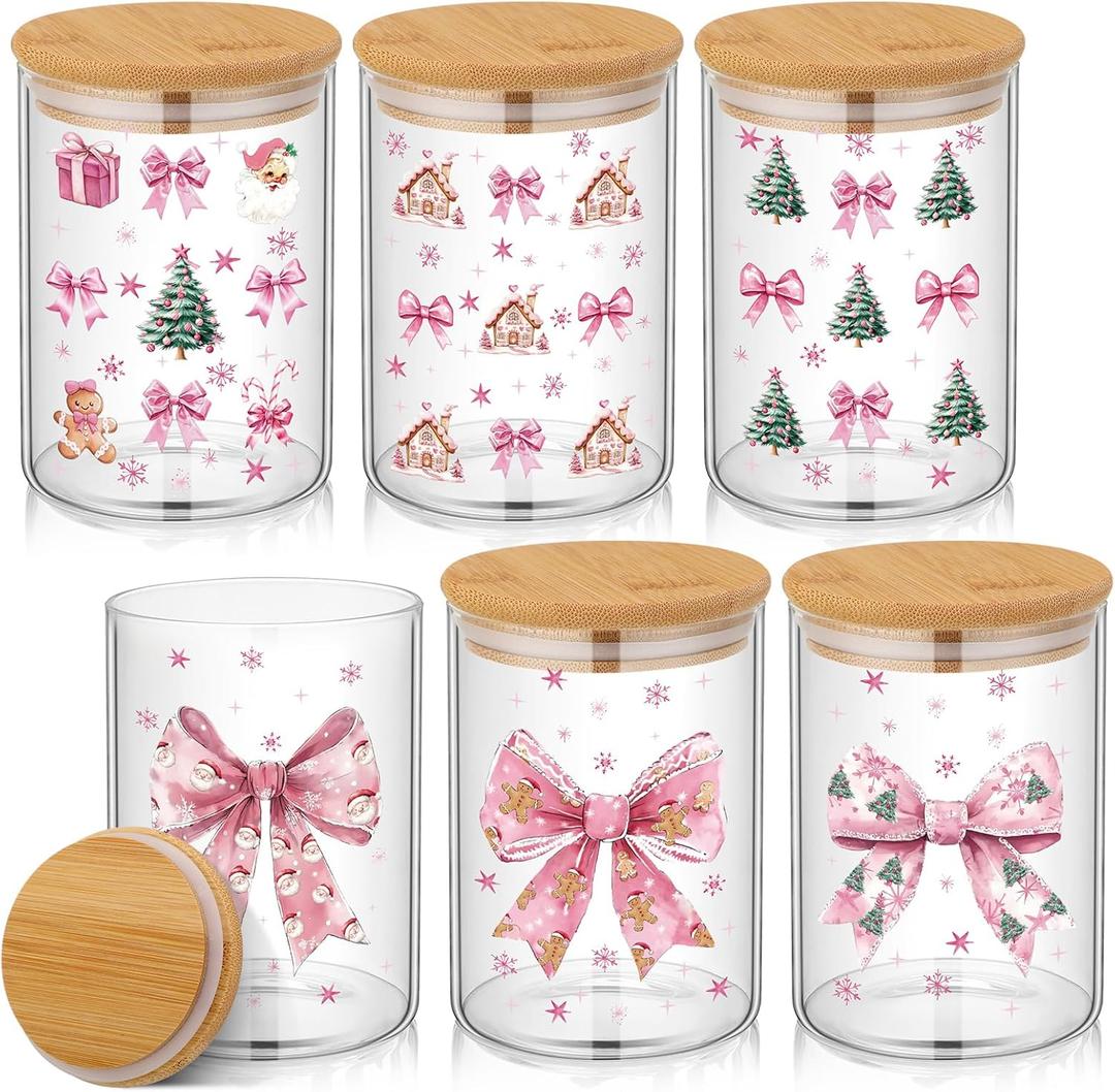Pink Christmas Glass Storage Jars with Airtight Bamboo Lid Merry and Bright Christmas Canister Set for Home Winter Xmas Kitchen Countertop