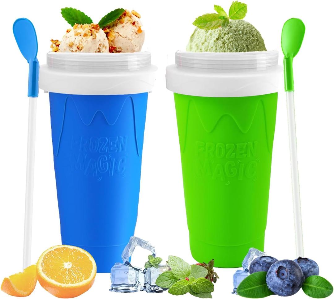 2 Packs Magic Quick Frozen Smoothies Maker - Portable Double Layer Slushy Maker Cup with Straw and Spoon, Gift for Everyone