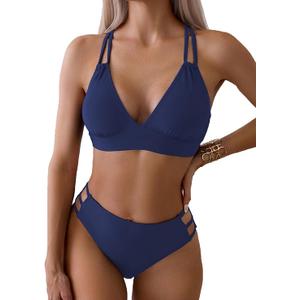 Fanuerg Women's Sexy V Neck Bikini Sets Hollow Out Two Piece Swimsuits Cutout Mid Waist Bathing Suit L