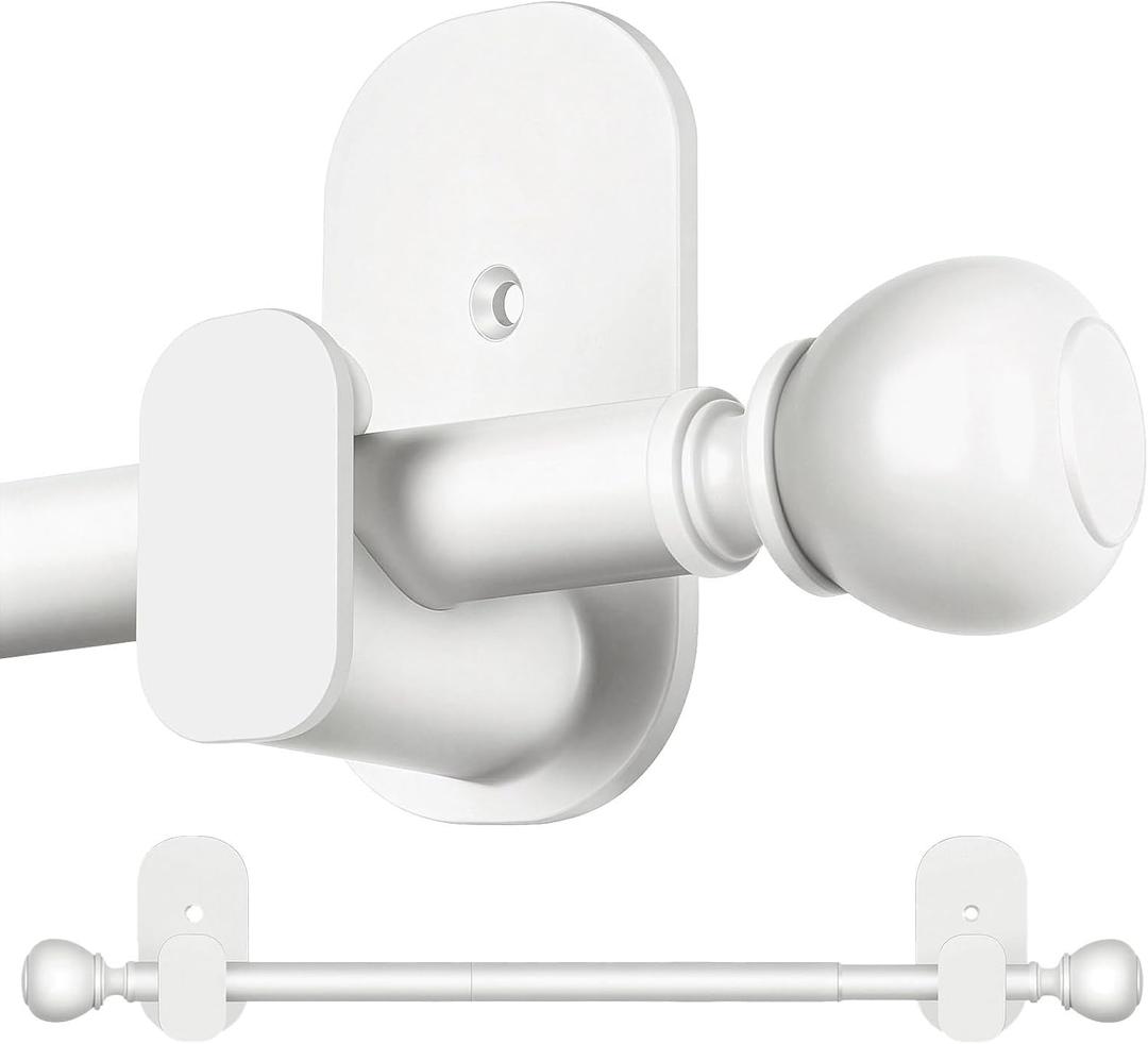 USFOOK White No Drill Curtain Rods for Windows 48 to 84 Inches, 5/8 Inch Curtain Rods No Drilling with 3M Adhesive Holders, Apartment Friendly Drapery Rod with Round Finials
