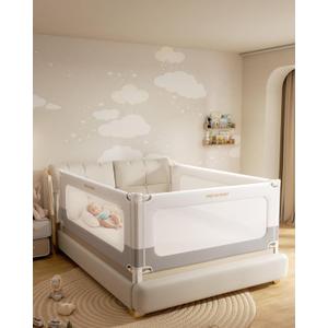 3 Piece Bed Rails for Queen Bed, No-Drill Needed Baby Bed Rail Guard for Toddlers with Height Adjustable, Thickened Child Safety Side Railing Guards/Bedrail for Kids, White/Grey, 60x78.7x78.7in