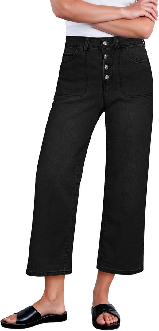 GRAPENT Wide Leg Jeans for Women Cropped Trendy High Waisted Button Fly Loose Straight Leg Stretchy Denim Trouser Jeans (Medium, True Black)