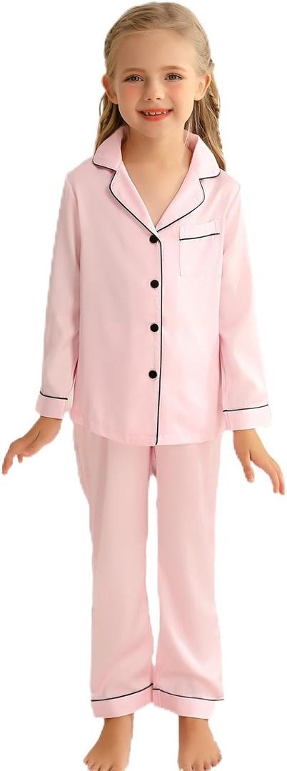 Veseacky Pajama Set for Kid Baby Boy Girl Button-up Silk Sleepwear Clothes Set Gifts for Kids (Pink, 120)
