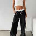 SOLY HUX Women's Drawstring Elastic Waist Wide Leg Pants Color Block Long Pants with Pockets (Black, M)