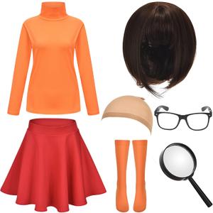 HMPRT Halloween Deluxe Adult Costume for Women,Brown Bob Wig,Turtleneck Top,Skater Skirt,Magnifying Glass,Socks and Glasses, Size Medium