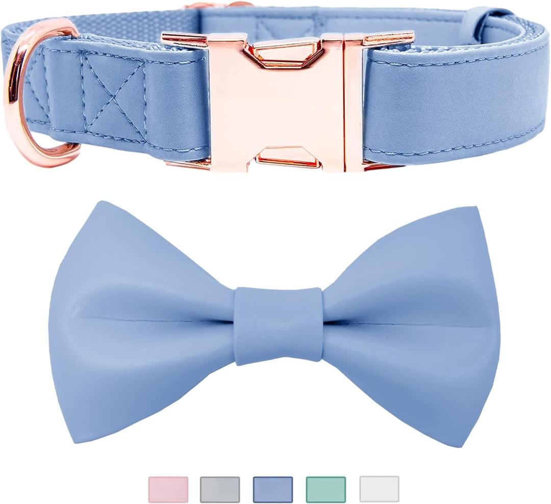 Soft Leather Bowtie Dog Collar - Adjustable Cute Bow Tie Collar [Easy to Clean] with Stylish Rose Gold Heavy Duty Metal Buckle for Small Medium Large Dogs Blue L