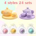 24 Sets Small Tea Party Favors Mini Teapots Teacups Set Miniature Tea Cups Gift Resin Figures with Cards 4 Colors for Kids Carnival Prizes Birthday Party Supply