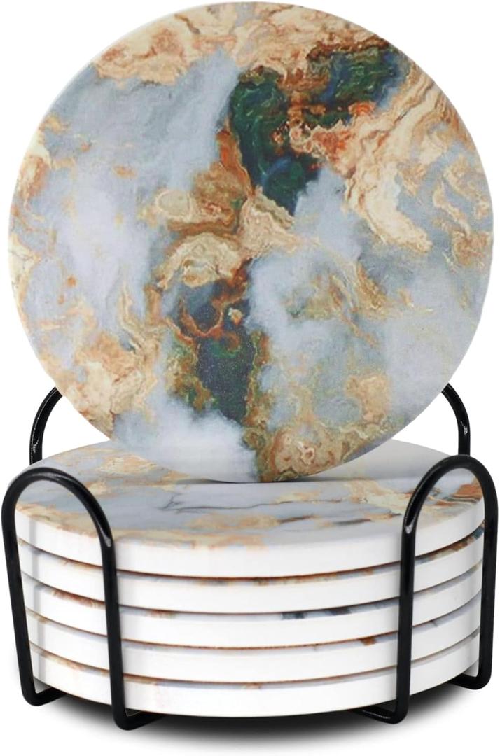 White Marble Ceramic Coasters with Holder Absorbent Drink Coaster Set Outdoor Round Abstract Cute Table Decorative Coffee Cup Beverage Fun Beer Bar Gold Housewarming 6 Pack
