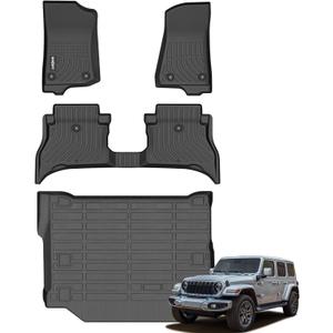 GINOWY-Floor Mats & Cargo Liner for 2021-2026 Jeep Wrangler 4XE Rubicon/Sahara/Sport S/Willys (4 Door, Not for JL or JK) TPE Rubber All Weather Mats Wrangler 4xe Car Accessories Heavy Duty Liners