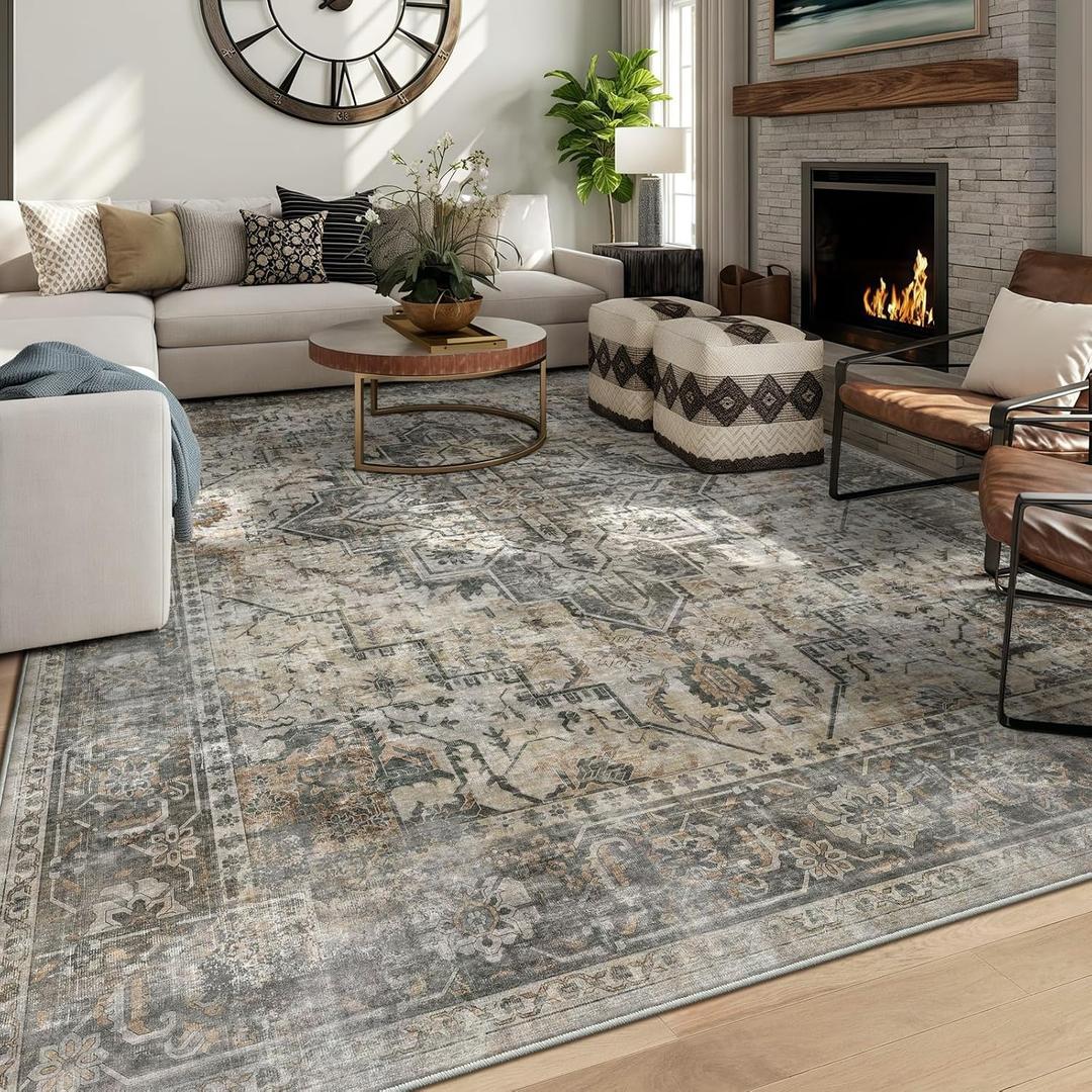 8x10 Machine Washable Area Rug for Living Room, Grey Rusty Boho Vintage Floral Rug Large Non-Slip Low Pile Soft Faux Wool Carpet, Kids and Pets Friendly for Bedroom Dining Room Farmhouse Decor Rug