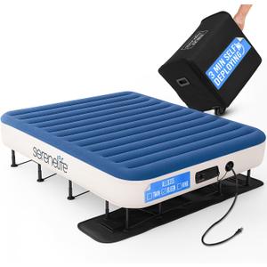 SereneLife (Queen) EZ Bed Air Mattress with Frame and Rolling Case - 3 Min Self Inflating Air Bed with Upgraded U-Coil Mattress and Premium Soft Flocked Top, Wall Plug AC Powered Inflate and Deflate