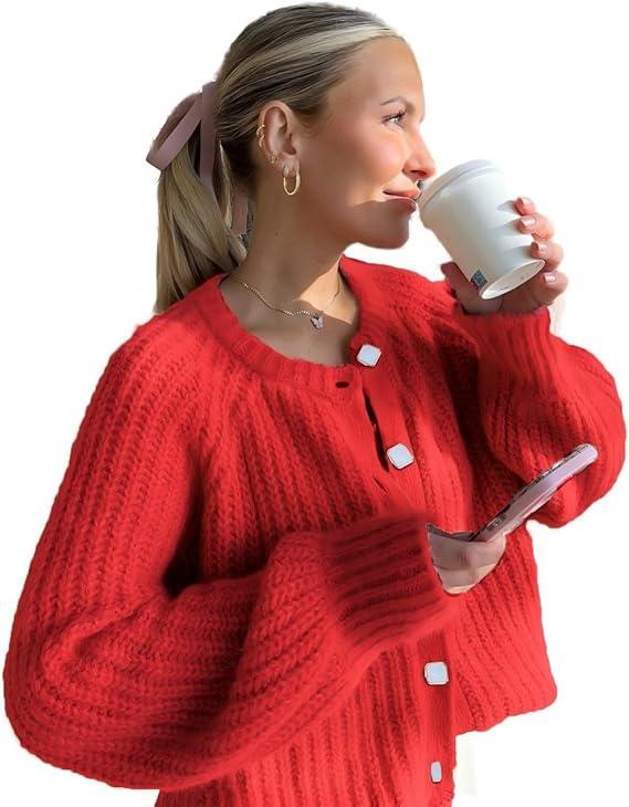 Women’s 2025 Fall Cardigan Sweater Soft Chunky Knit Cardigan Vneck Button Down Cropped Cardigan Outwear,Size Medium
