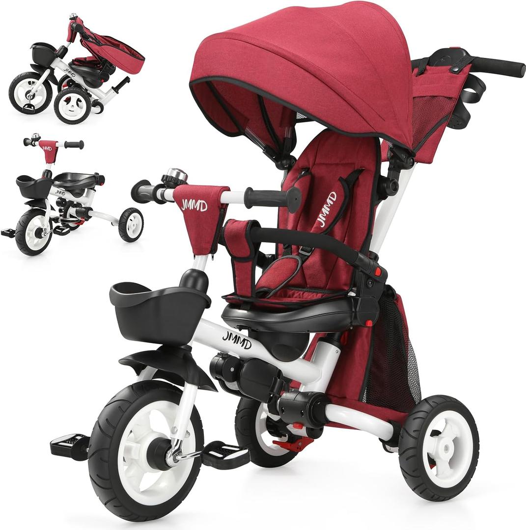 JMMD 8 in 1 Tricycle Stroller with Push Handle, Foldable Trike with 360 Swivel Seat, Reclining Backrest, All-Terrain Wheels, Dual Brakes, Canopy & Storage, Gift for Kids 18 Months to 5 Years, Red
