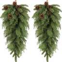 Yunlly 2 Pcs Artificial Christmas Teardrop Swag 26" Artificial Pine Needle Branches Christmas Greenery Teardrop Wreath Faux Winter Wreath with Conifer Cones for Xmas Door Mantle Decor (Pine Branches)