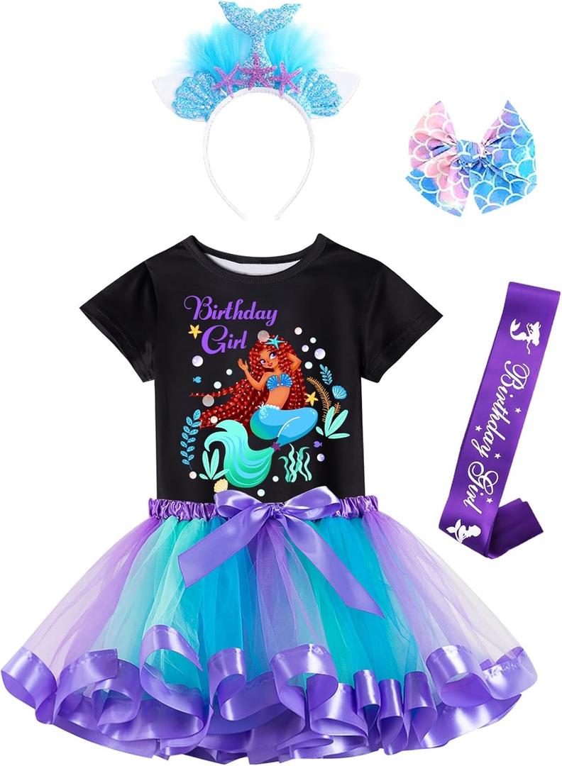 Doctor Unicorn Birthday Girls Mermaid Outfit Set Costume Tutu Skirt Dress, Mermaid Birthday Shirt, Headband & Satin Sash (3-4 Years, Black-1)