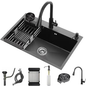 Black Kitchen Sink with Faucet, Top Mount/Drop-In 3 Hole Single Bowl Stainless Steel Sink with Cup Washer, Soap Dispenser, Drainage kit for Bar, Kitchen, Balcony (19.7 * 17.7in)