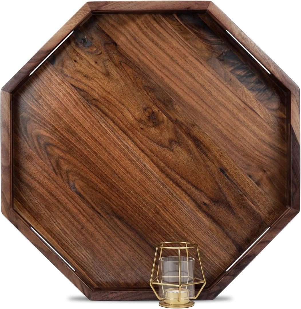 20 Inches Extra Large Octagonal Black Walnut Wood Ottoman Tray with Handles, Serve Tea, Coffee Classic Wooden Decorative Serving Tray