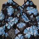 Yonique Womens Blouson Tankini Top No Bottom Loose Fit Swim Top Modest Tank Top (Small, Blue Flowers and Black)