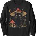 Cottagecore Aesthetic Black Cat Mushroom Hat Witchy Floral Long Sleeve T-Shirt (XL) Blac