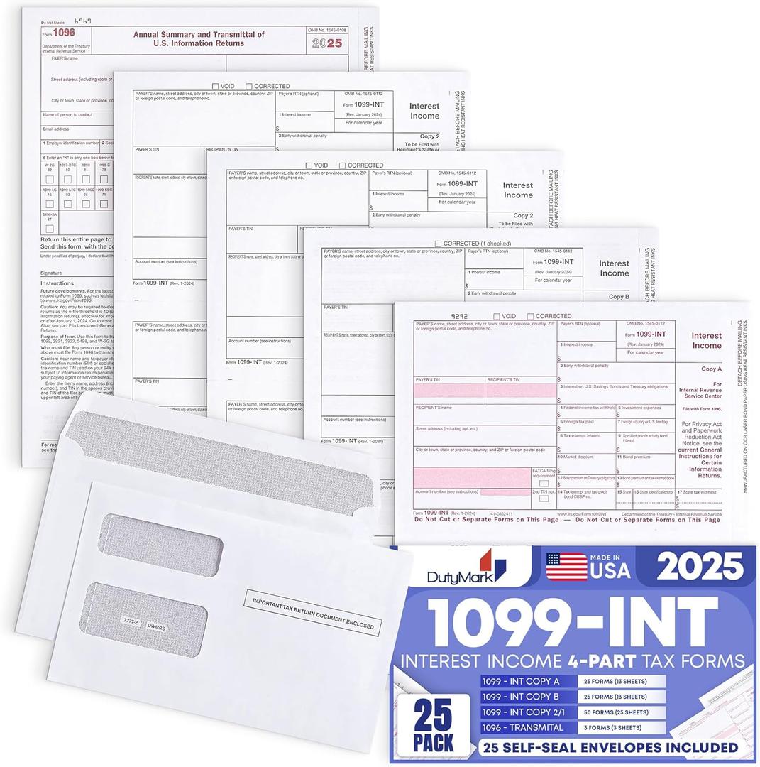 1099 INT Interest Tax Forms 2025 4 Part, 25 Pack of Interest Income Laser Forms Compatible with QuickBooks and Accounting Software, 25 Self Seal Envelopes Included