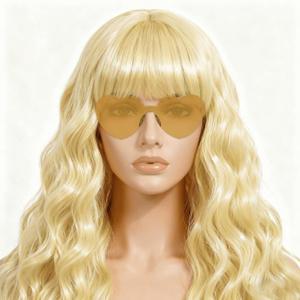 Long Curly Wave Wig with Heart Sunglasses and Hair Cap  Set of 3 | Colorful Colored Party Wigs Funny Costume Hairpieces for Halloween Cosplay (Light Blonde)