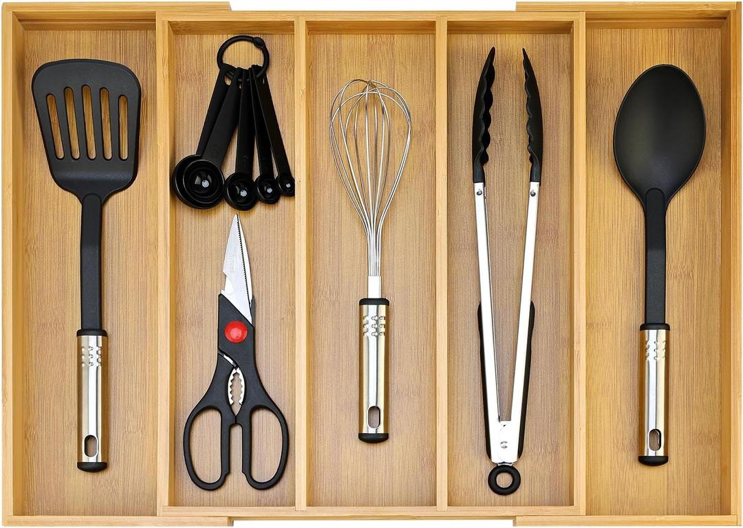 Expandable Silverware Drawer Organizer Storage Large Bamboo Kitchen Tool Utensil Organizers Divider Cutlery Tray Adjustable Flatware Drawer Organizer for Spoon Spatula Cooking Utensils Holder Tray ((12.6"-21")x 15.7")