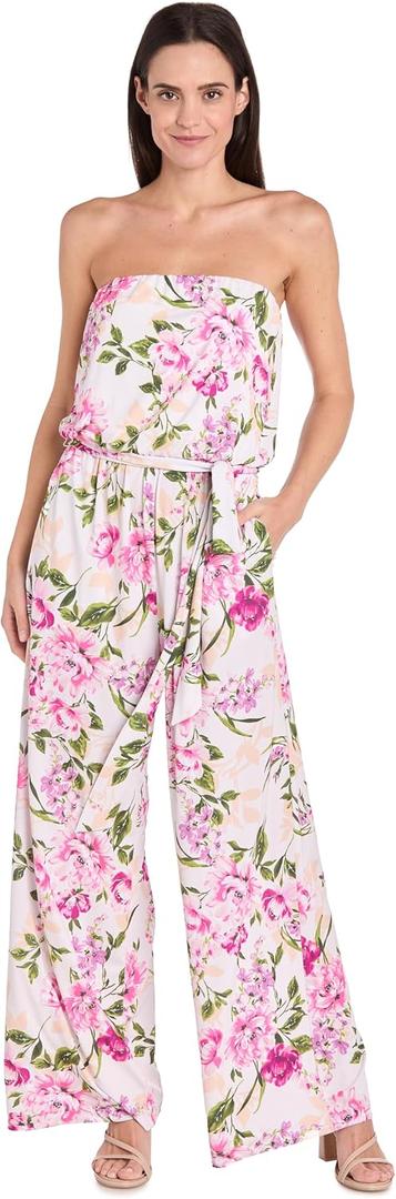 R&M Richards Women's Strapless Floral Jumpsuit W/Waist Tie Sash & Pocket | Relaxed Fit Romper for Casual Daytime Occasions, Pink WhiteSize 6