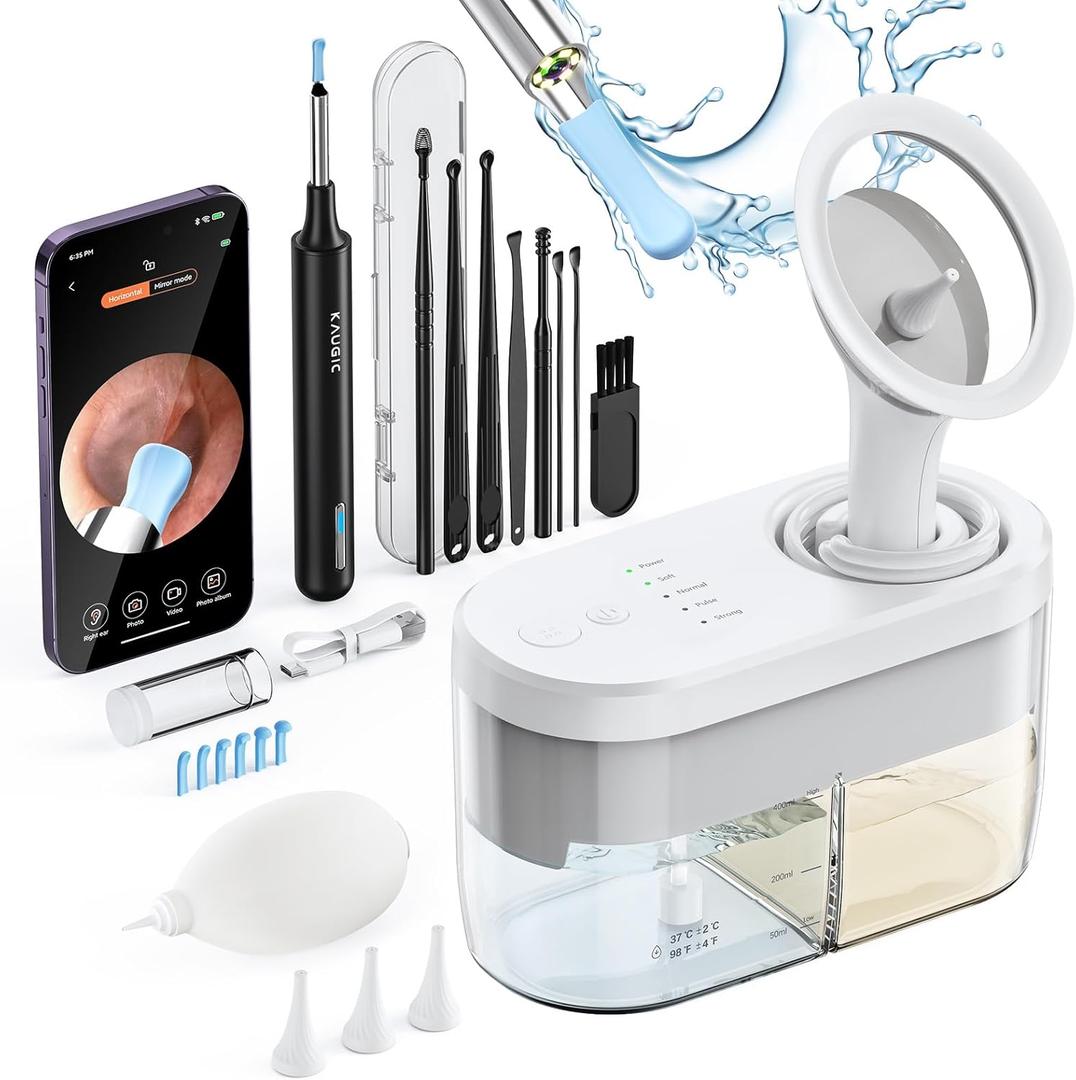 Ear Wax Removal Tool Camera - FSA/HSA Eligible Ear Irrigation Flushing System & Ear Cleaner with Camera 1080 HD, Ear Flushing Kit for Adults with One-Piece Waste Tank, Earwax Removal Kit White XL