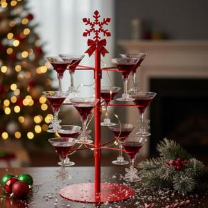 Christmas Cocktail Tree Stand Snowflake Tree Drink Holder 3 Tier 12 Holders for Champagne, Martini and Margarita Cups Holder for Christmas Winter Birthday Weddings Bridal Shower Parties