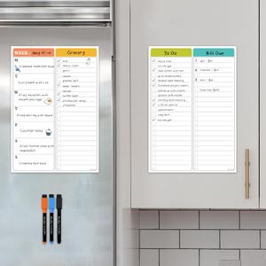 Non-Magnetic Dry Erase List for Fridge - Reusable 8"x11.5" List and Weekly Planning Board Stick to Most Smooth Surfaces - 3 Dry Erase Markers Included