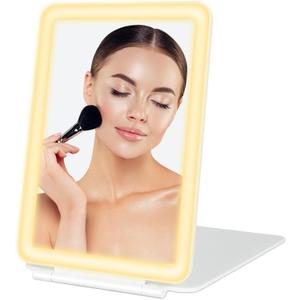 Travel Mirror with Lights Makeup Mirror Touch Screen 3 Colors Light 72 LEDs Rechargeable, 1000mHA 7.9x5.3-Inch Desk Compact Mirror White