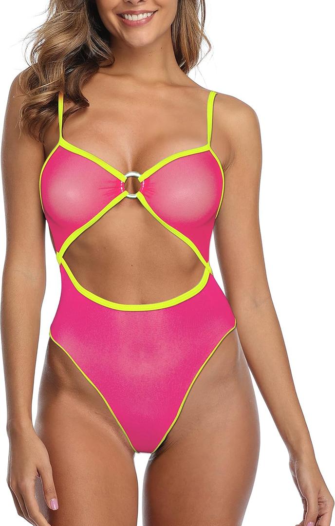 SHERRYLO Sheer One Piece Swimsuit for Women See Thru Bodysuit Monokini Sexy Mesh Thong Teddy Swimsuits One-Piece Micro Bikini (Large, Pink Chartreuse)